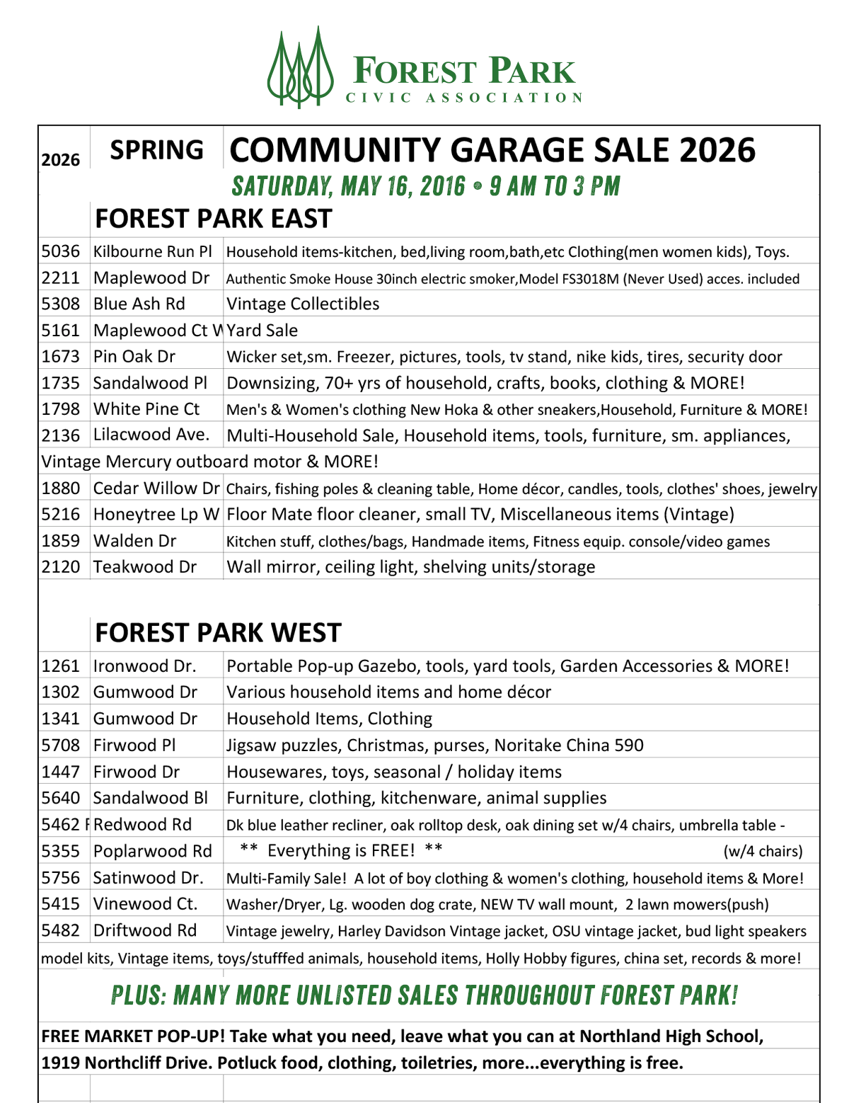 Garage Sale list Spring 2026